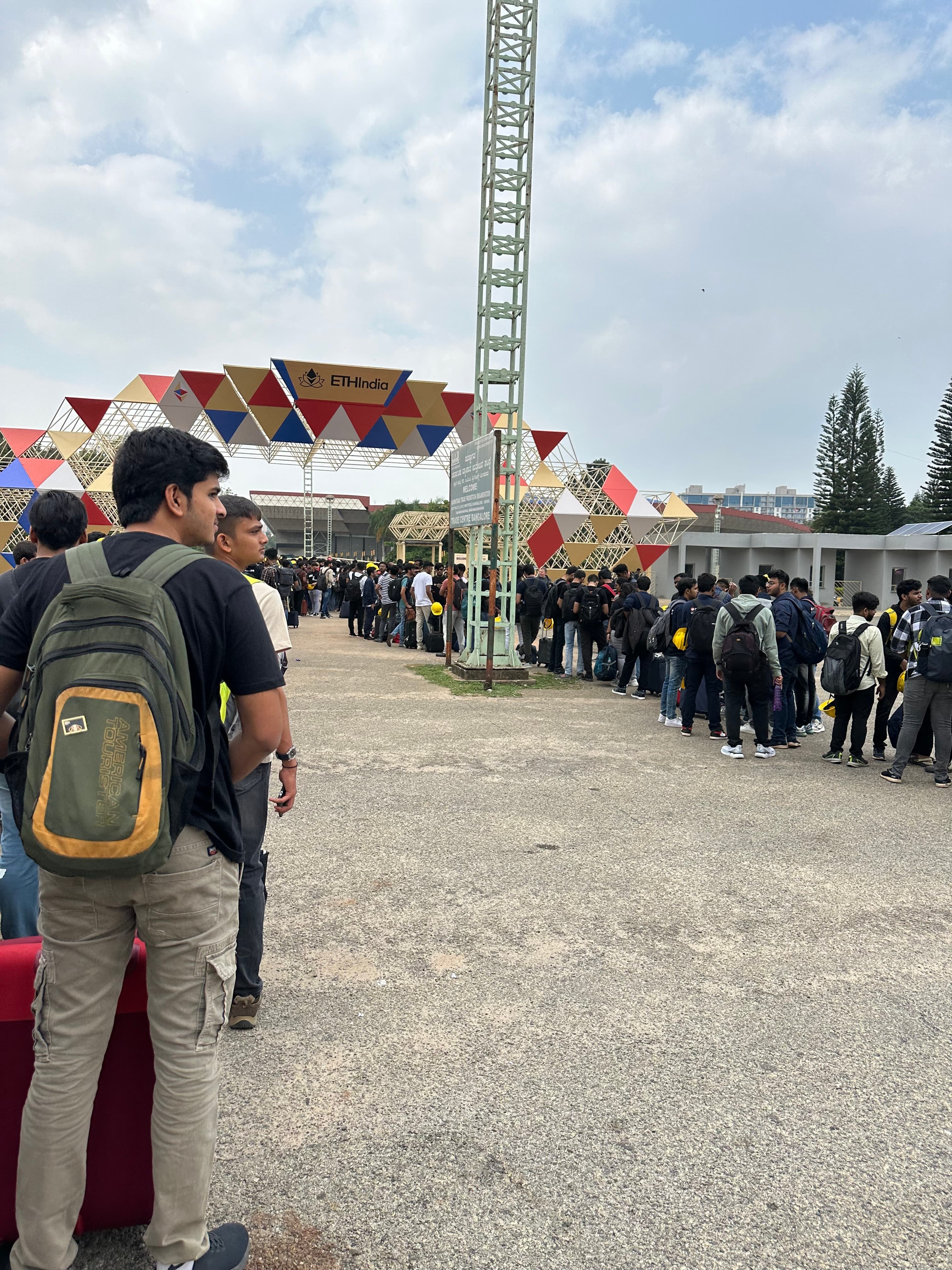 The line to enter ETHIndia, an Ethereum Hackathon I attended while traveling for work in India